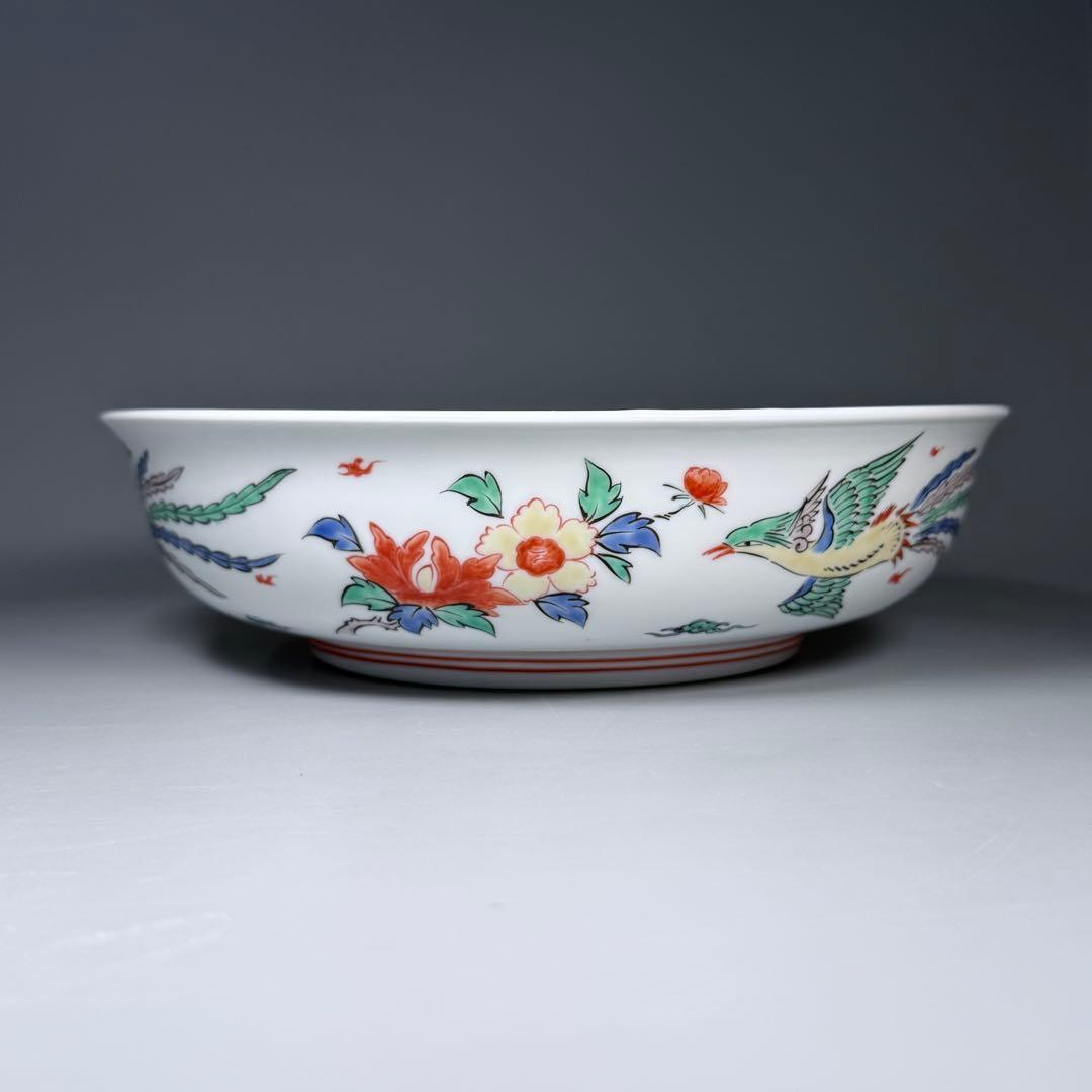 重要無形文化財指定　十三代　柿右衛門　錦　花鳥紋　菓子器　鳳凰図　26.4cm