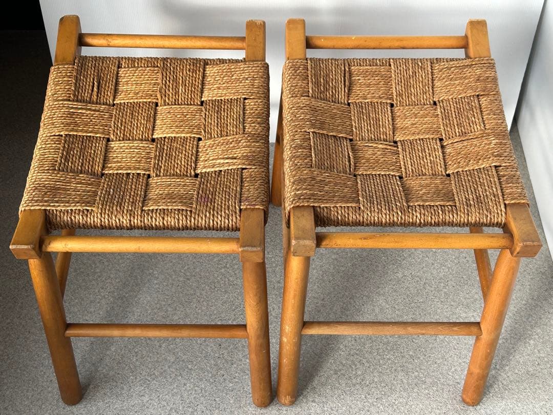 ヴィンテージ　木製スツール　木×ラッシ　編み　椅子　アンティーク　2脚　フット