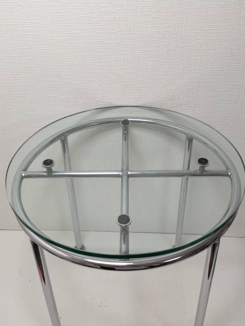 ガラスサイドテーブル 丸型 強化ガラス クロム脚 　北欧風　250808-2Y