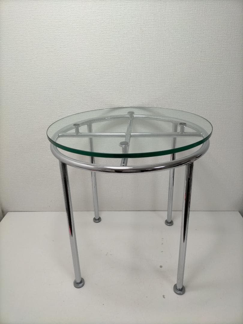 ガラスサイドテーブル 丸型 強化ガラス クロム脚 　北欧風　250808-2Y