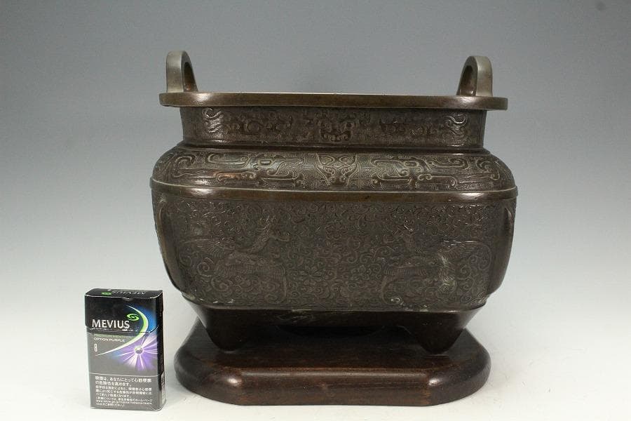 古銅 饕餮紋 双耳 四方 瓶掛(K-LC697)