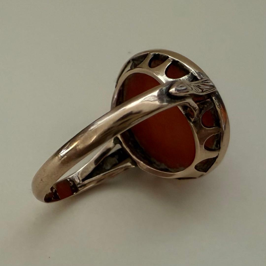 専用アンティークK14YG珊瑚サンゴリング　ミルグレインに手彫り　色の綺麗な珊瑚