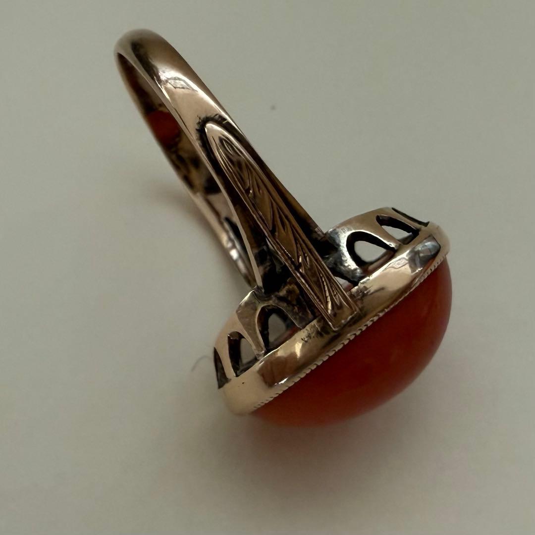 専用アンティークK14YG珊瑚サンゴリング　ミルグレインに手彫り　色の綺麗な珊瑚