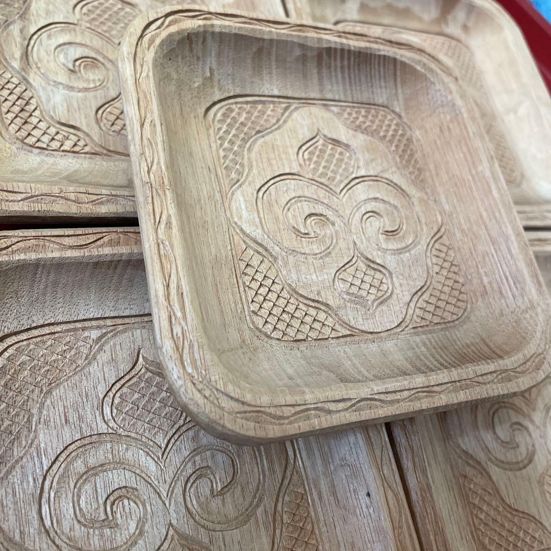 北海道　アイヌ　木製　トレイ　イタ　皿　菓子皿　角皿　ポンニマ　5客