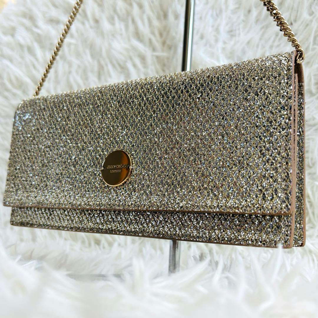 ジミーチュウ パーティバッグ グリッターラメ チェーン ゴールド金具 肩掛け可能