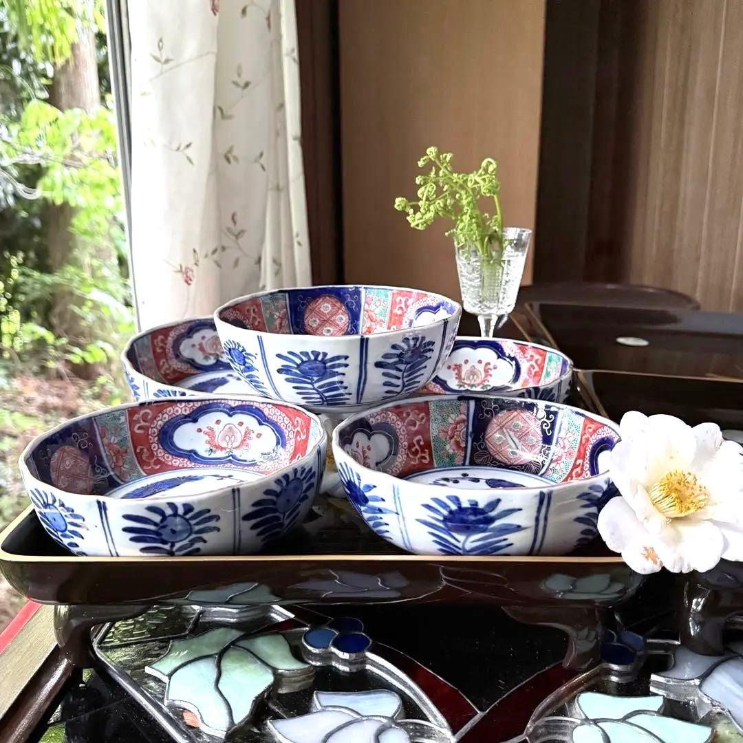 新春特別価格‼️牡丹❌桃　伊萬里桃手松竹梅大膾皿5客　在銘大化年製