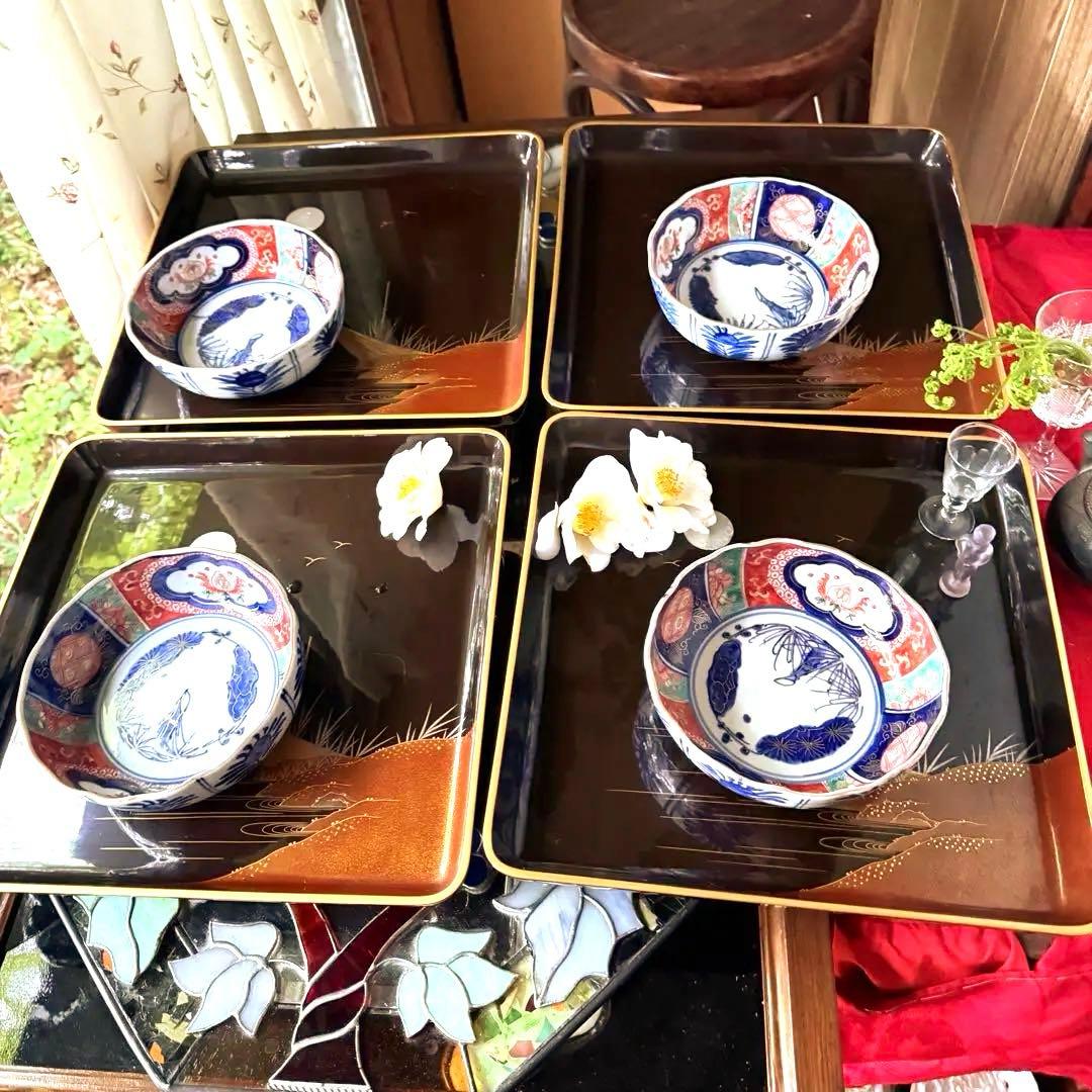 新春特別価格‼️牡丹❌桃　伊萬里桃手松竹梅大膾皿5客　在銘大化年製