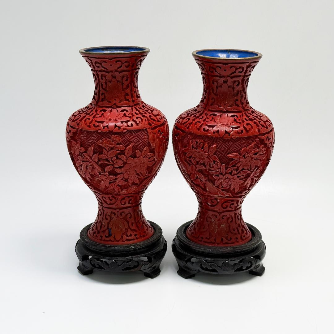 中国美術 堆朱 花瓶 紅雕漆花瓶花器 台座付 2個セット