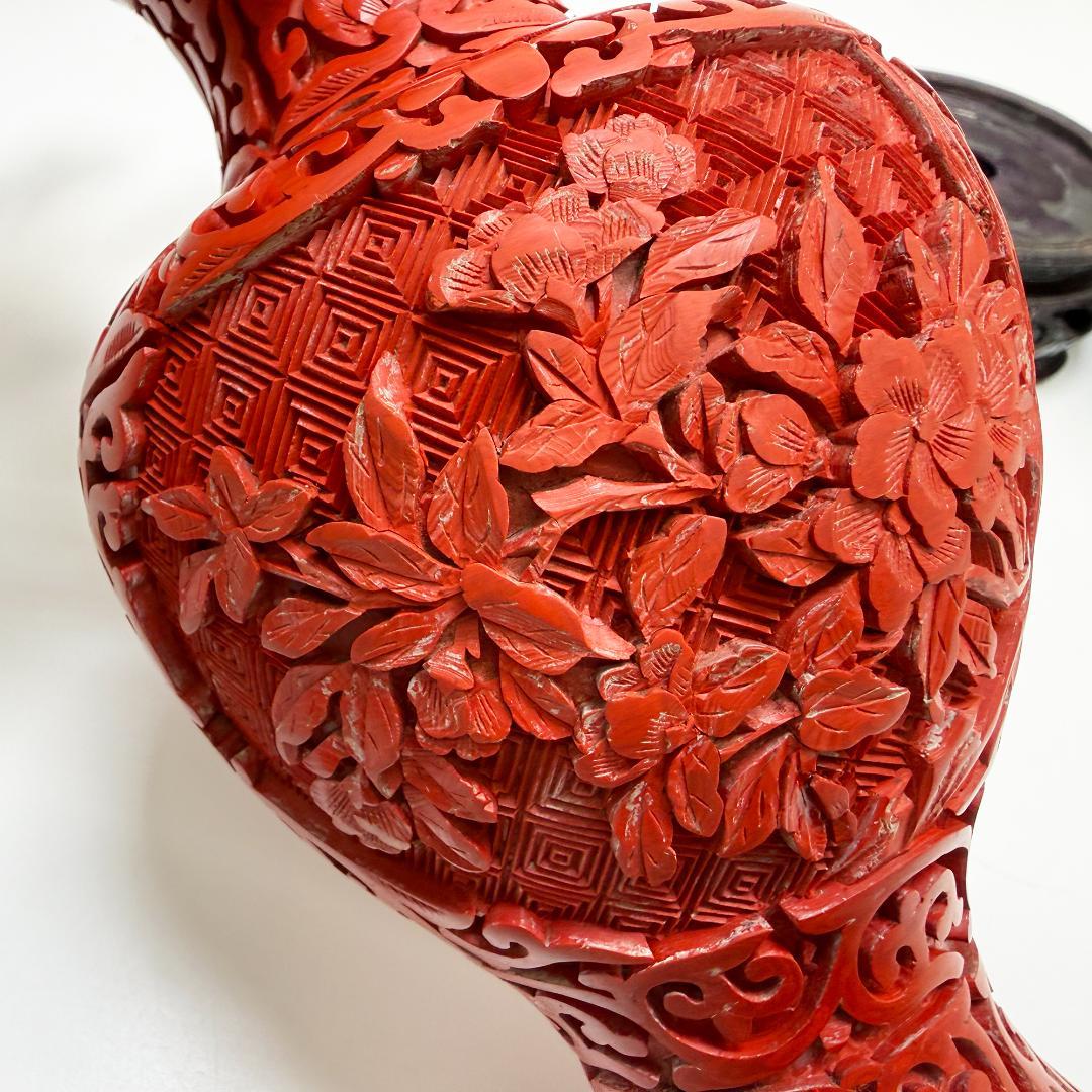 中国美術 堆朱 花瓶 紅雕漆花瓶花器 台座付 2個セット