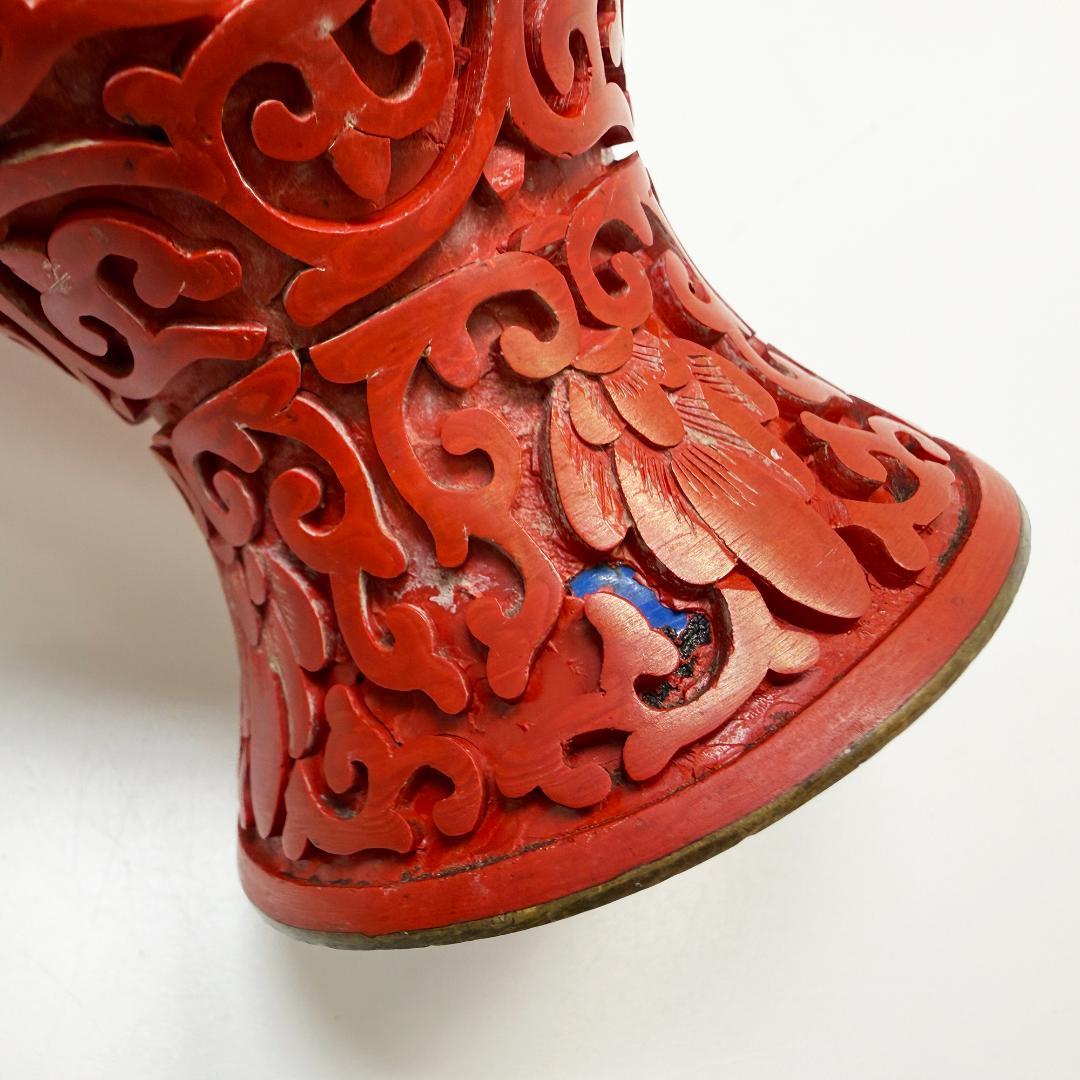 中国美術 堆朱 花瓶 紅雕漆花瓶花器 台座付 2個セット