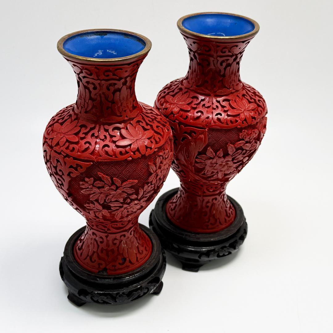 中国美術 堆朱 花瓶 紅雕漆花瓶花器 台座付 2個セット