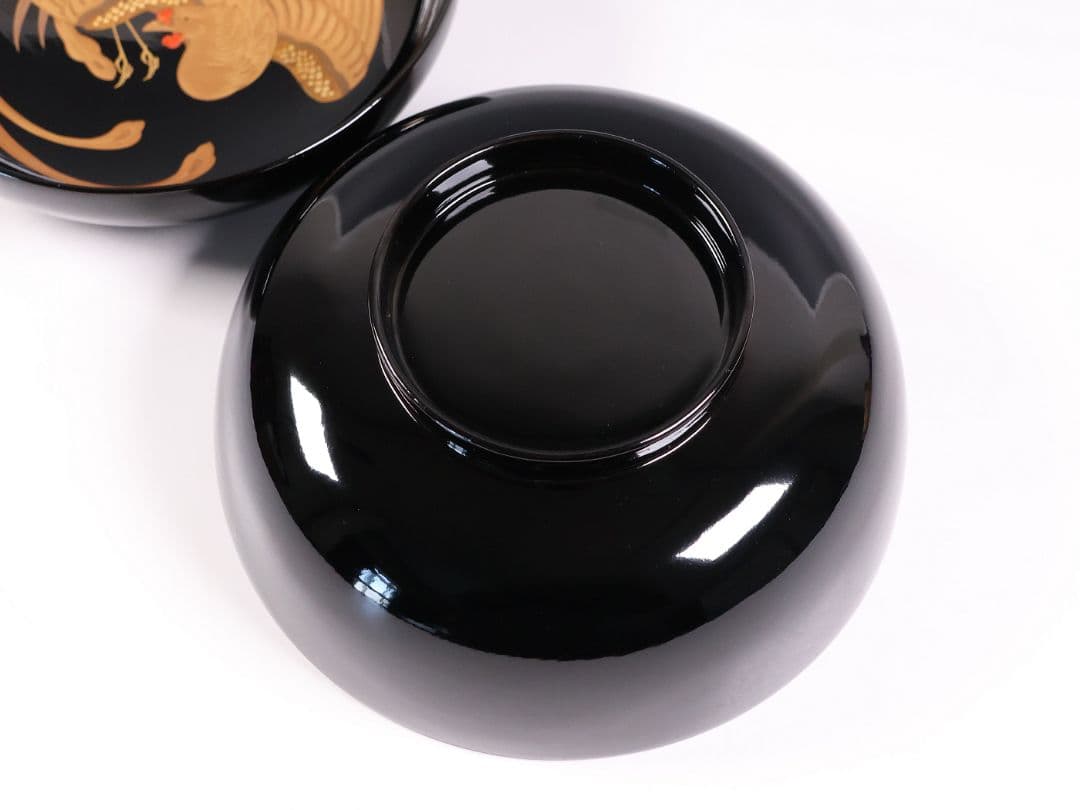 【CM396】天然木漆塗 菊桐鳳凰金蒔絵 黒塗 煮物椀 1客 昭和期 木製漆器