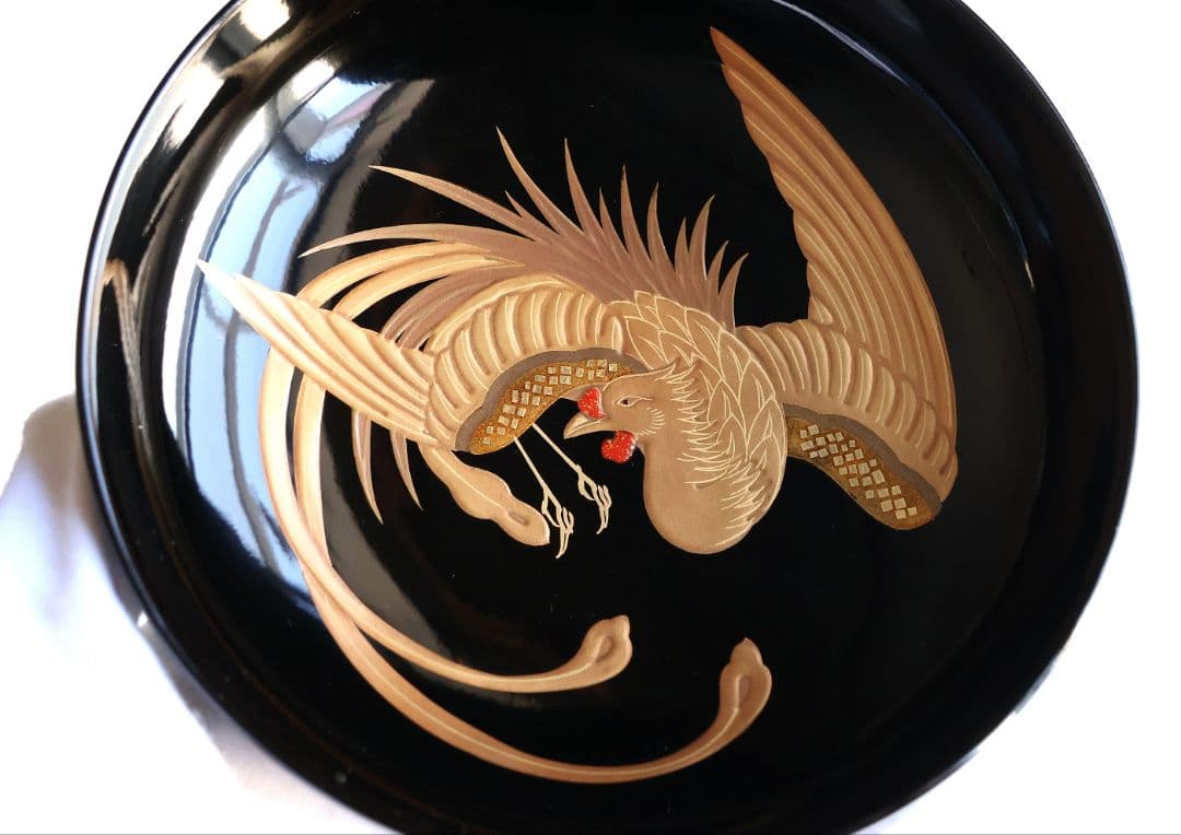 【CM396】天然木漆塗 菊桐鳳凰金蒔絵 黒塗 煮物椀 1客 昭和期 木製漆器