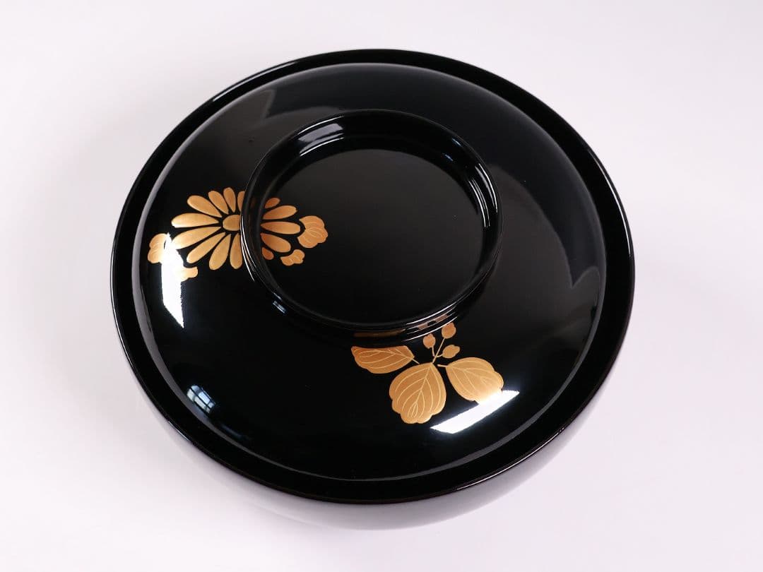 【CM396】天然木漆塗 菊桐鳳凰金蒔絵 黒塗 煮物椀 1客 昭和期 木製漆器