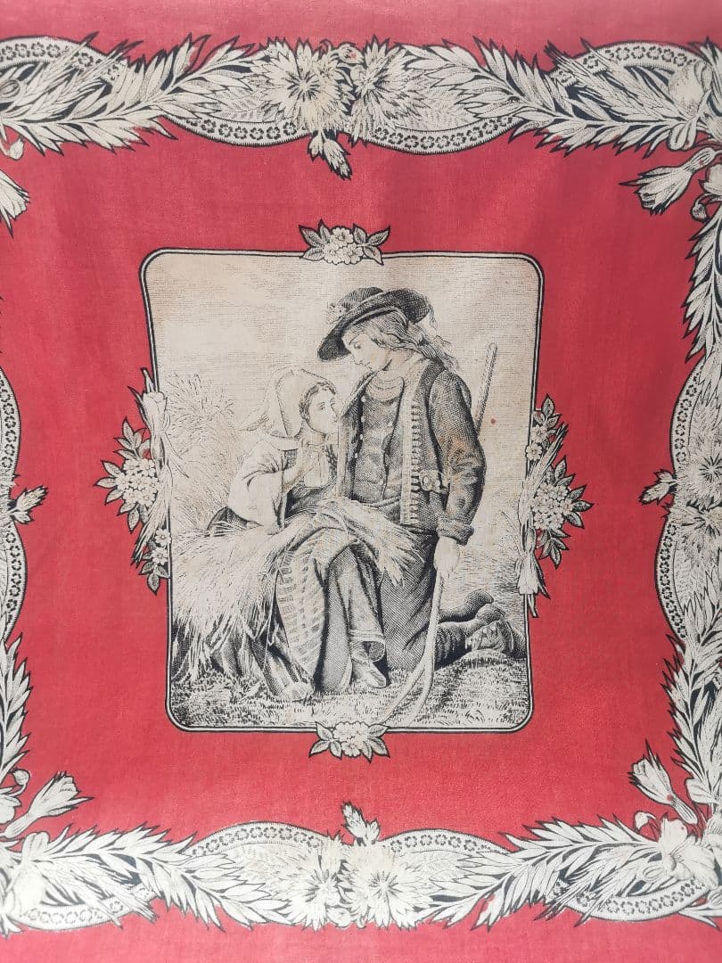 アンティークフランス トワルドジュイクロス 農村のカップル 繕う女性 田園風景