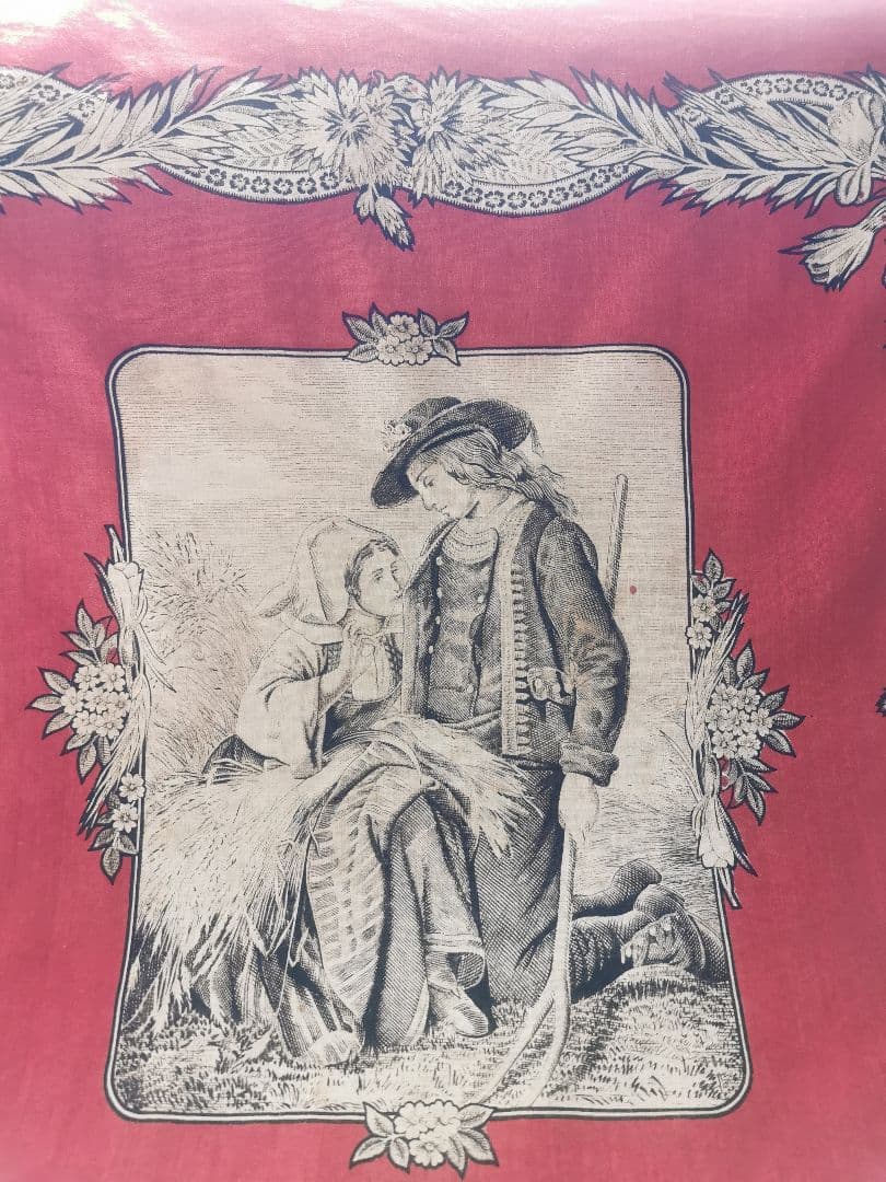 アンティークフランス トワルドジュイクロス 農村のカップル 繕う女性 田園風景