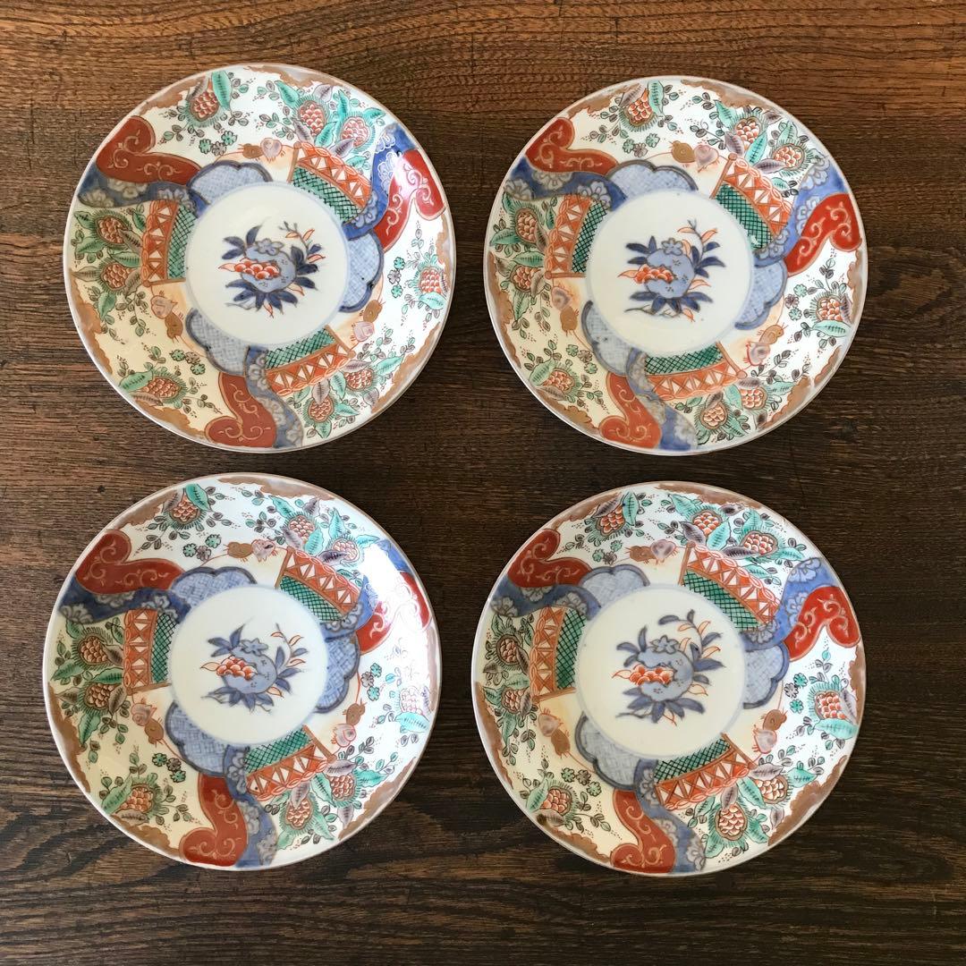 ＊古伊万里　色絵皿　柘榴　竹垣　4客　アンティーク　レトロ　古道具＊
