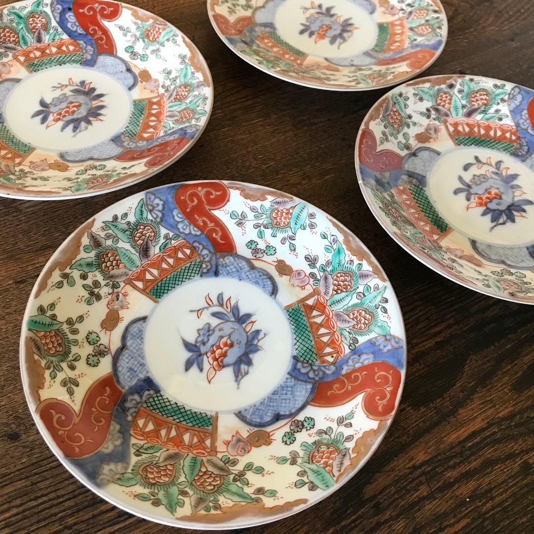 ＊古伊万里　色絵皿　柘榴　竹垣　4客　アンティーク　レトロ　古道具＊