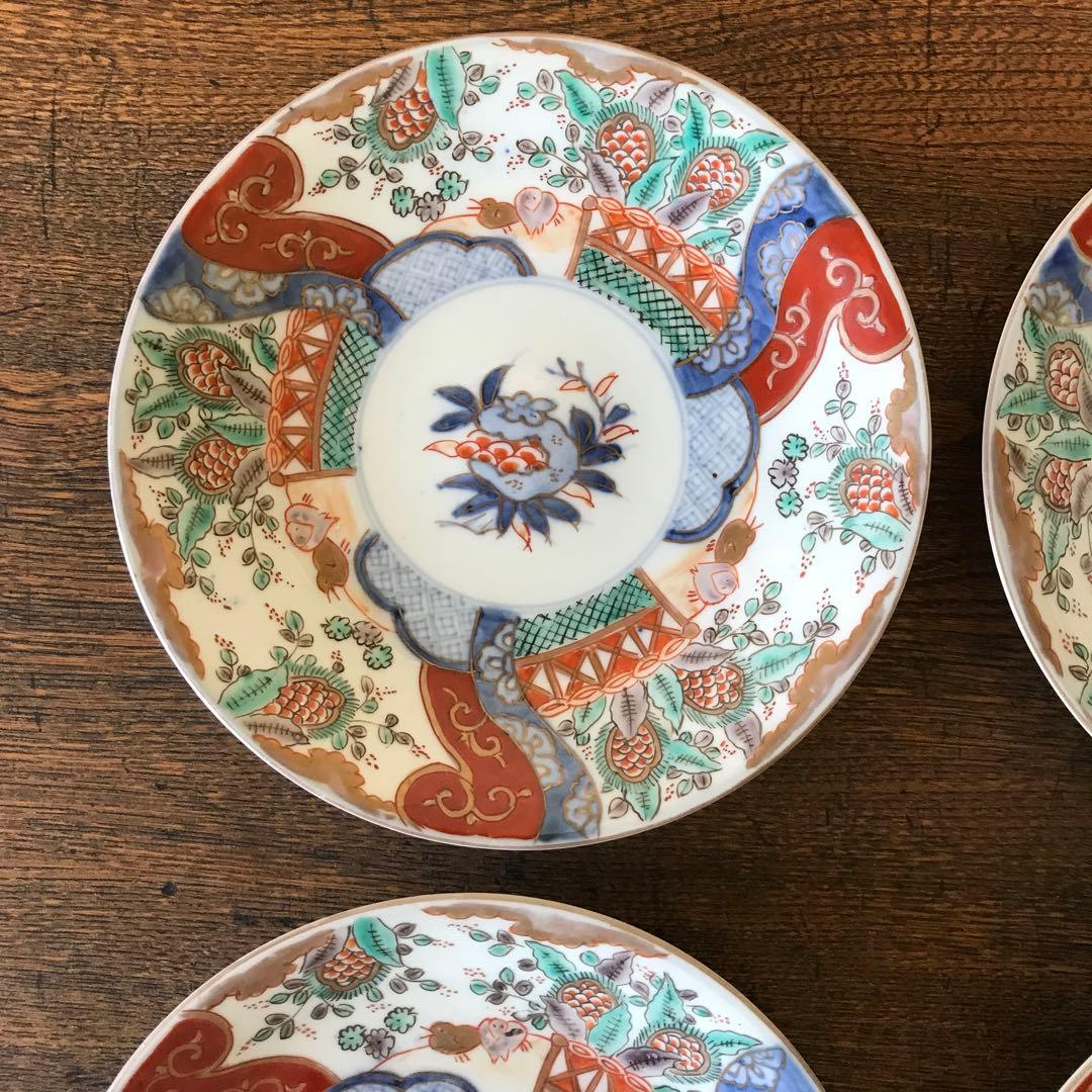 ＊古伊万里　色絵皿　柘榴　竹垣　4客　アンティーク　レトロ　古道具＊