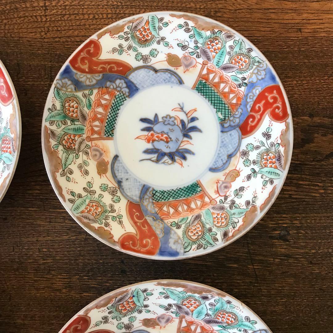 ＊古伊万里　色絵皿　柘榴　竹垣　4客　アンティーク　レトロ　古道具＊