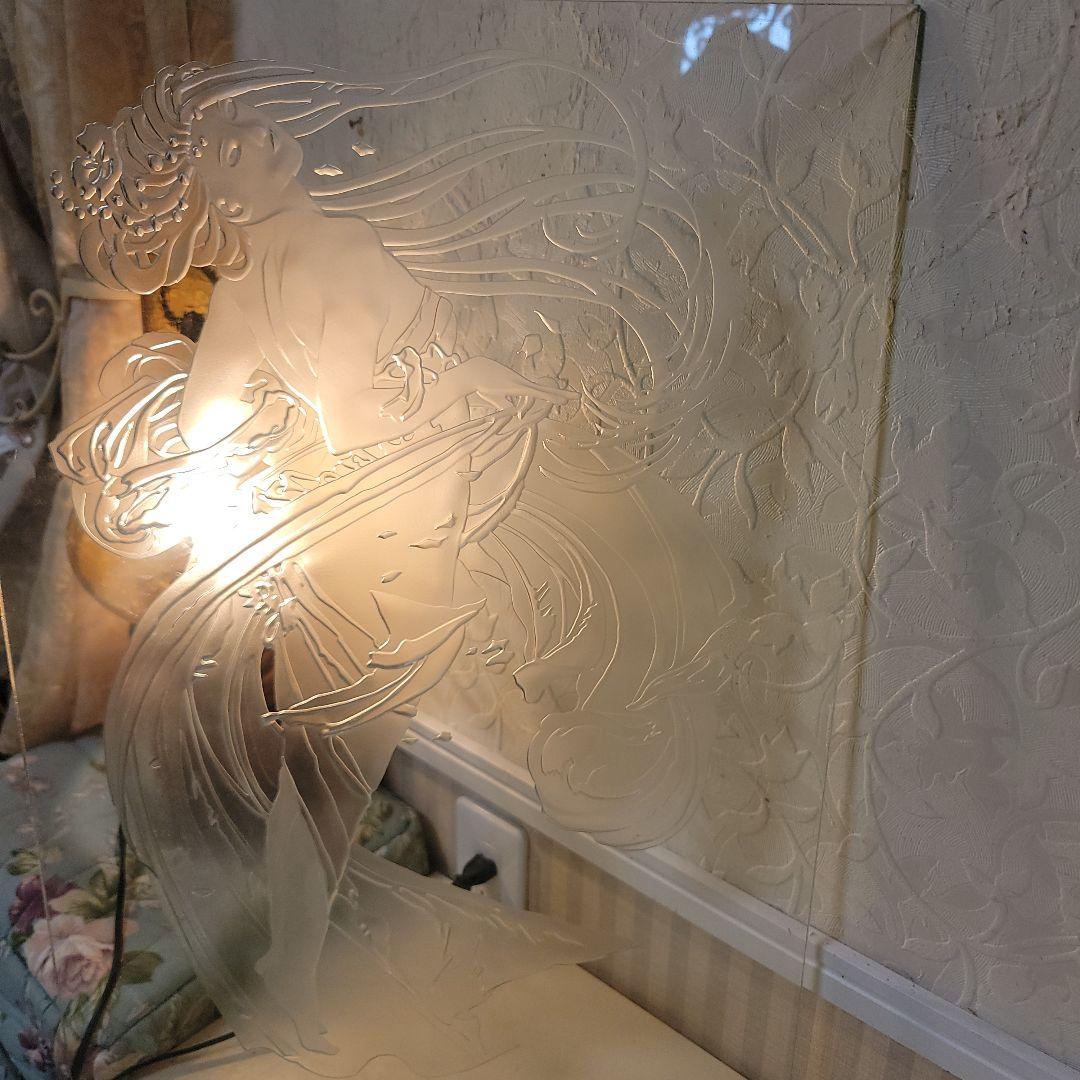 エッチング ガラス彫刻　ヴィンテージアート工芸品　額入り　ミュシャの絵モチーフ