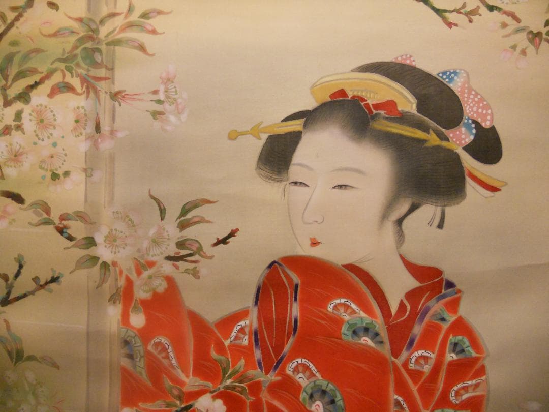 掛け軸 四方山蒼風 作 『 春粧図 』 美人画 絹本 軸装 茶道具 掛軸 美品