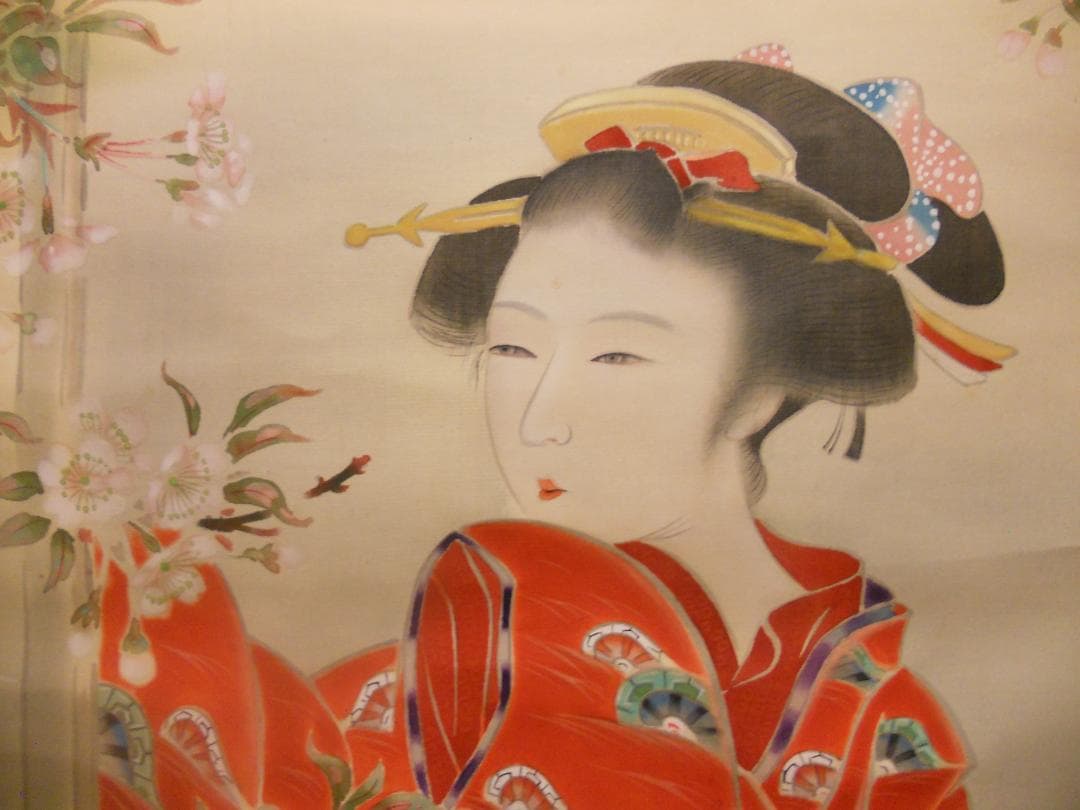 掛け軸 四方山蒼風 作 『 春粧図 』 美人画 絹本 軸装 茶道具 掛軸 美品