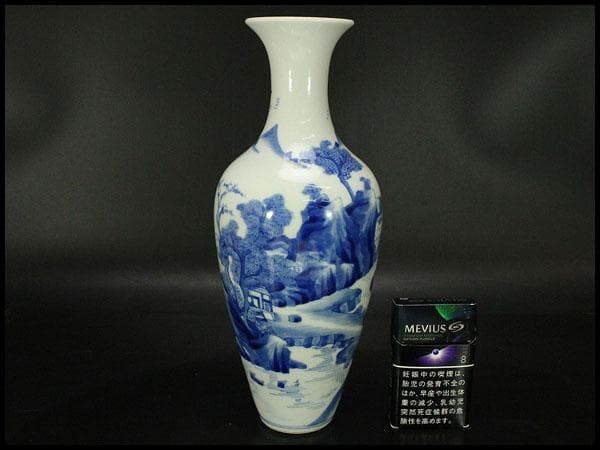 中国美術 青花 山水紋 瓶 高27.5cm(HA371)