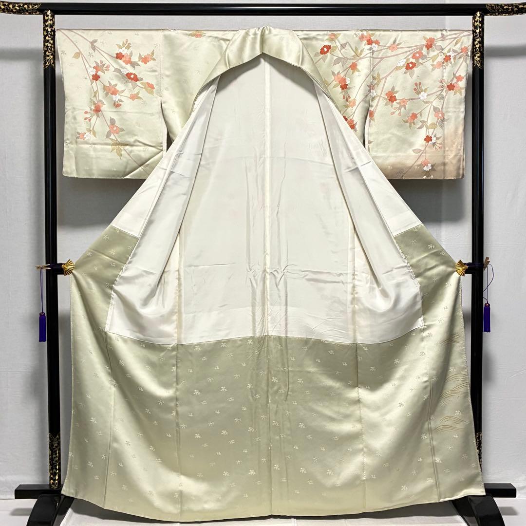 D44 訪問着 枝垂れ桜 荒波 金彩 正絹 着物 袷 極美品