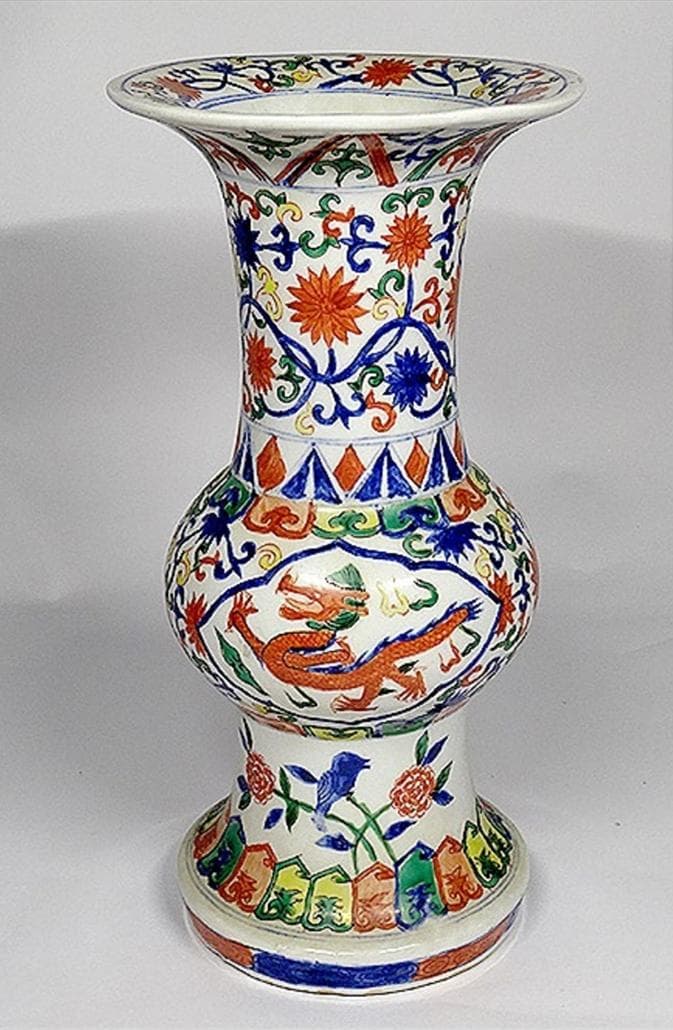 中国古玩 大明萬暦年製 彩色龍文花瓶 花器 花生 高さ約24cm x021515