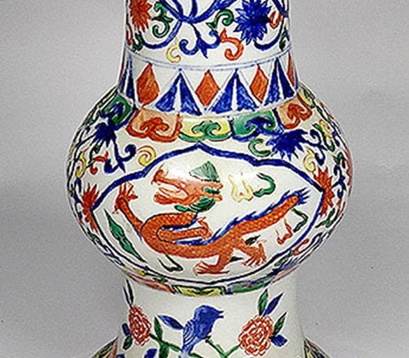 中国古玩 大明萬暦年製 彩色龍文花瓶 花器 花生 高さ約24cm x021515