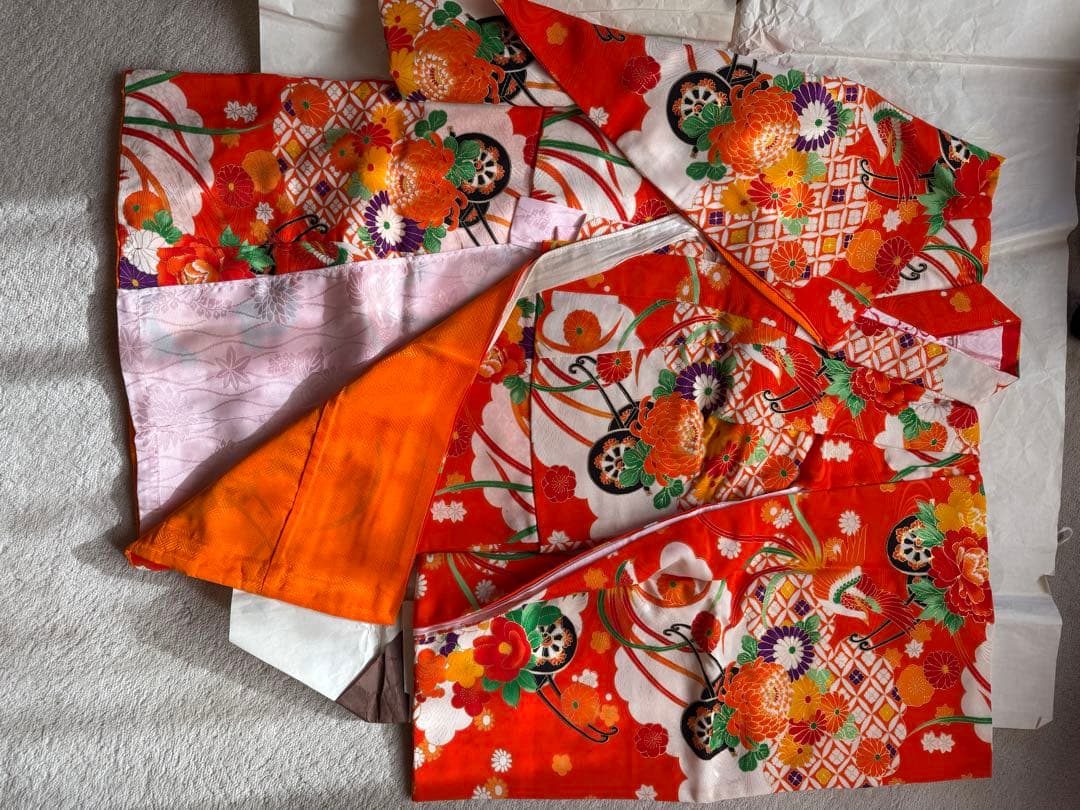 七五三 7歳用子ども着物&帯セット 赤 花柄 昭和レトロ