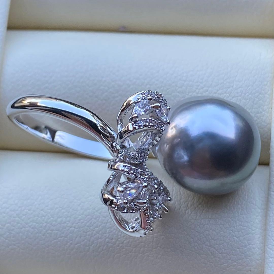 本真珠　南洋黒蝶真珠タヒチパールリング　14*13.5mmグレーグリーンL981