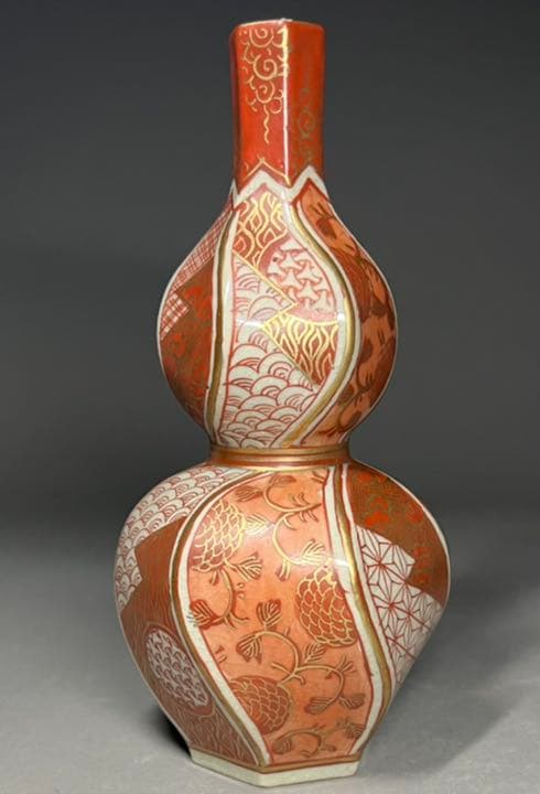 【エビス】徳利 九谷焼 福印 金彩赤絵唐草文景色図 金襴手 赤絵 御銚子 瓢形