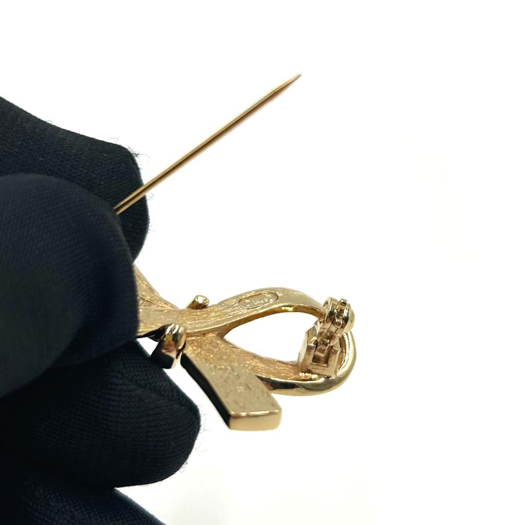 【美品】Christian Dior　リボン　ブローチ　ラインストーン　袋付き