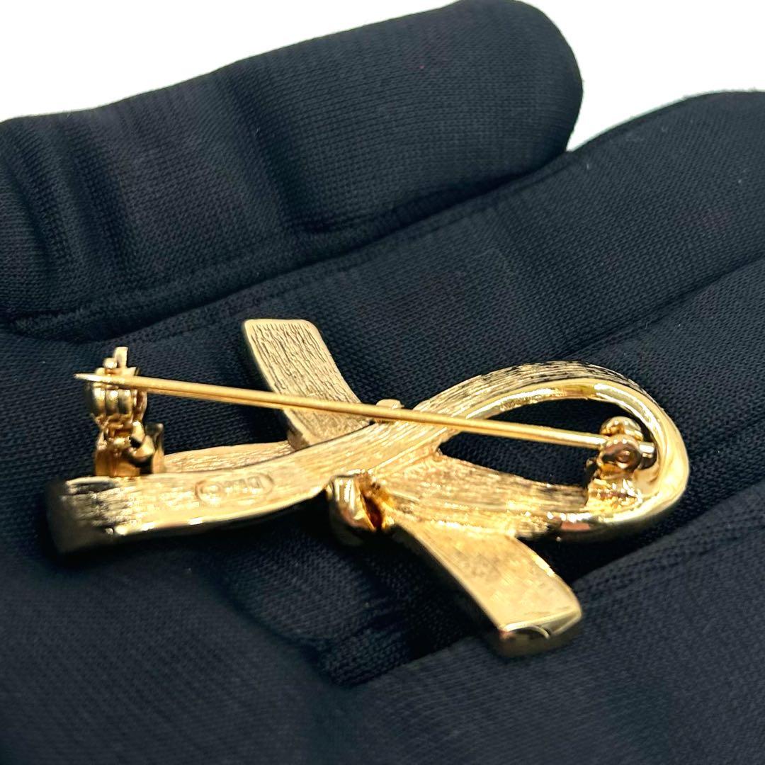 【美品】Christian Dior　リボン　ブローチ　ラインストーン　袋付き