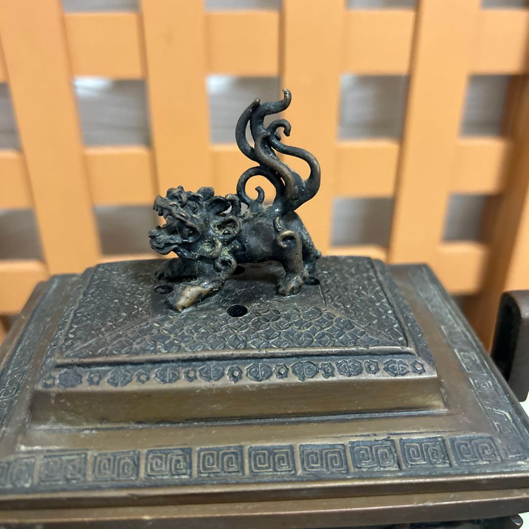 高岡銅器　米田陵山作　鋳銅　獅子摘　四方香炉