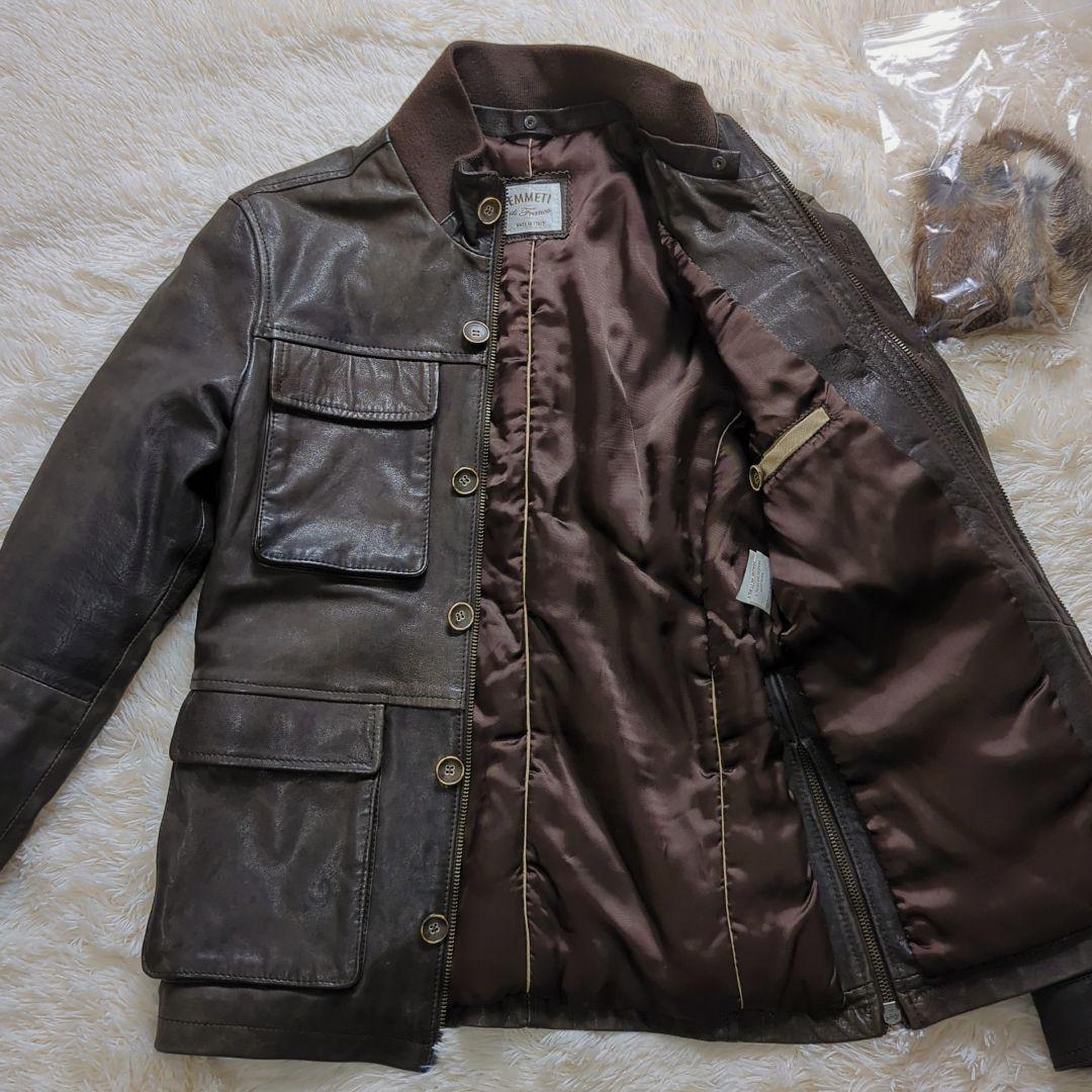 【美品】EMMETI ラムレザー ライダース ミリタリー ファー付き