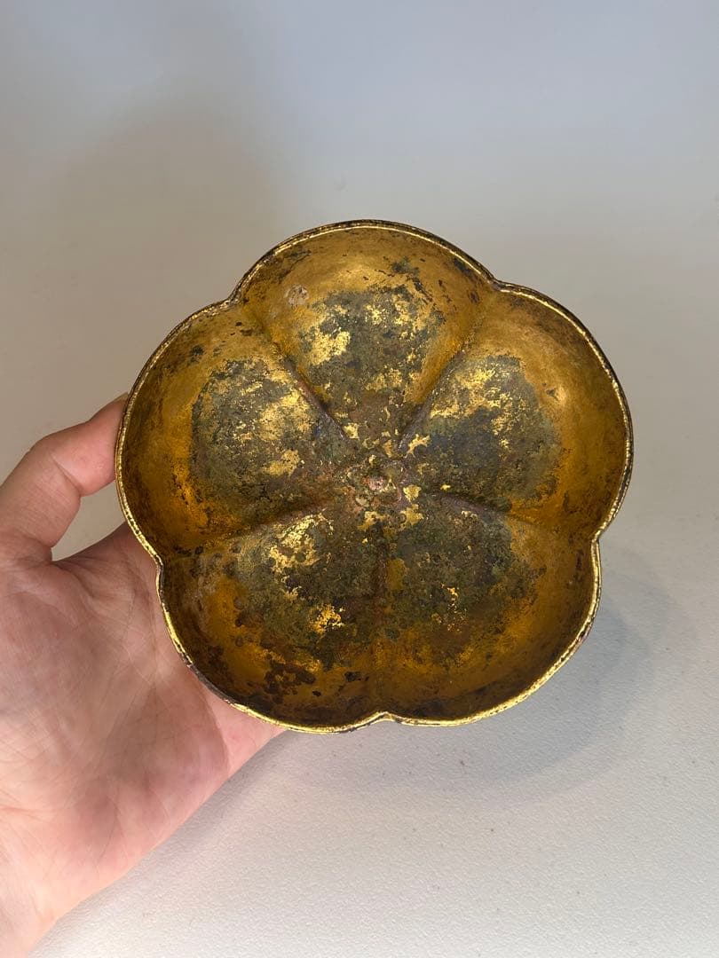 中国古董 唐代 青銅製 鎏金花口鉢