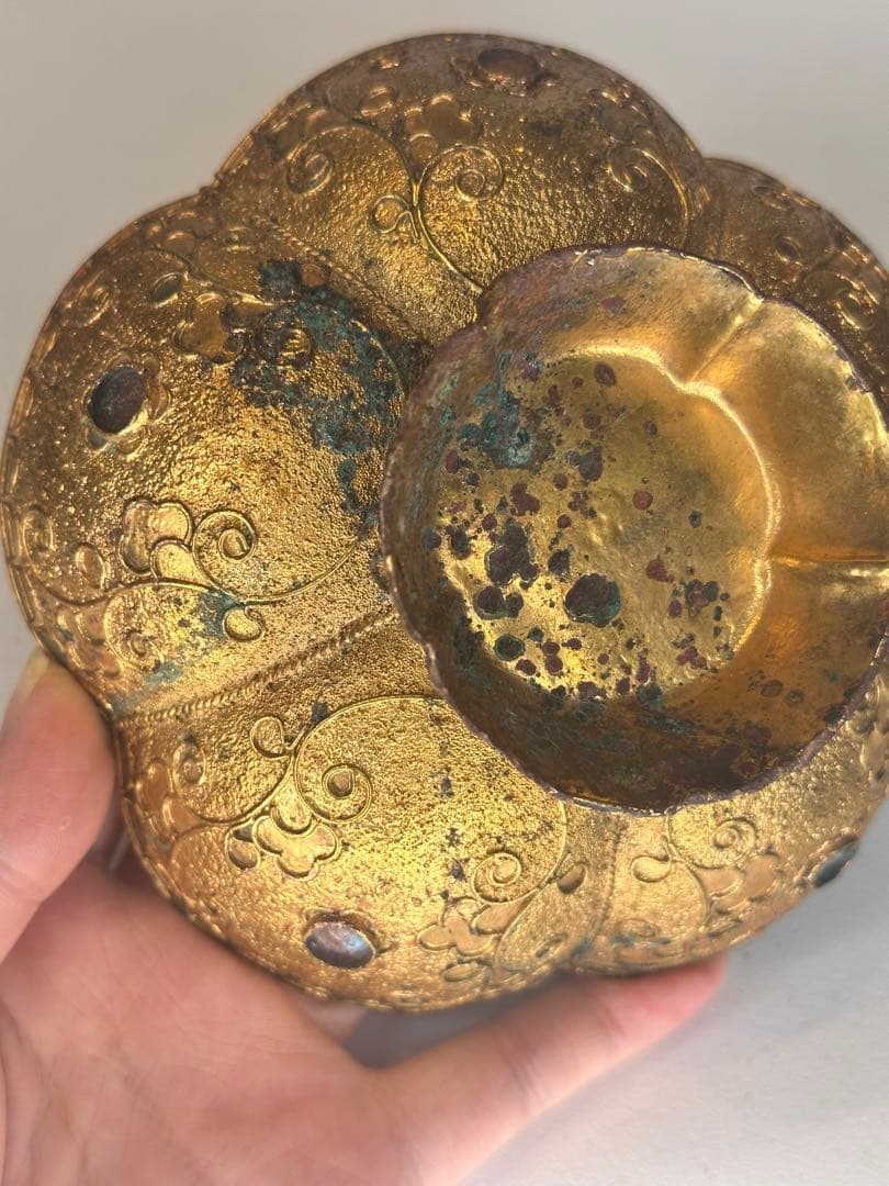 中国古董 唐代 青銅製 鎏金花口鉢
