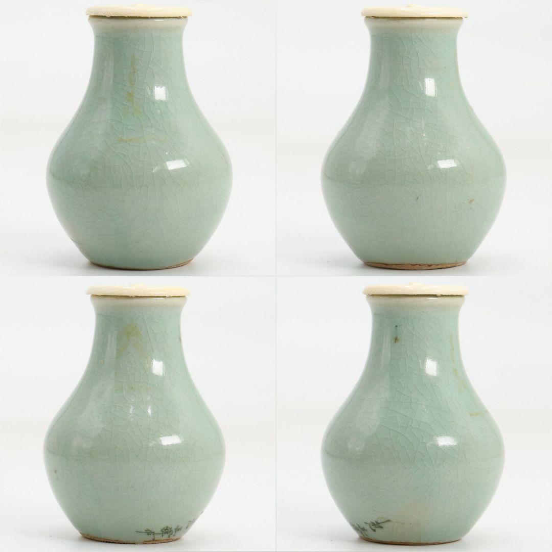 韓国人間文化財 池順鐸作 青磁鶴首茶入 浪の紋緞子仕覆付 茶道具　V903