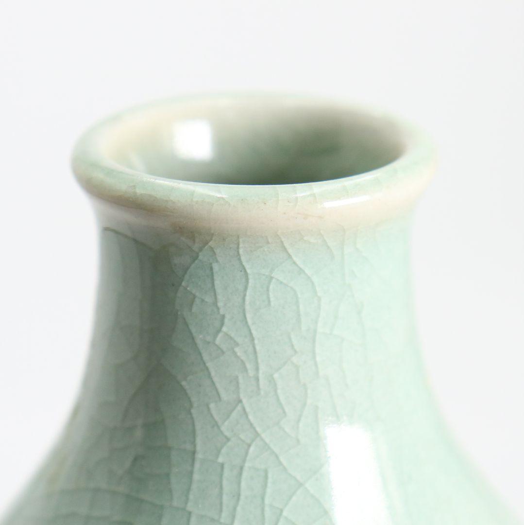 韓国人間文化財 池順鐸作 青磁鶴首茶入 浪の紋緞子仕覆付 茶道具　V903