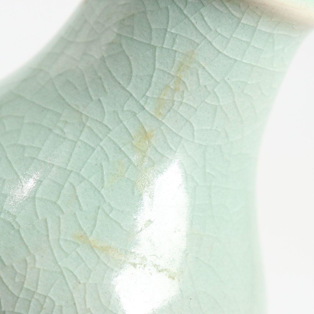 韓国人間文化財 池順鐸作 青磁鶴首茶入 浪の紋緞子仕覆付 茶道具　V903