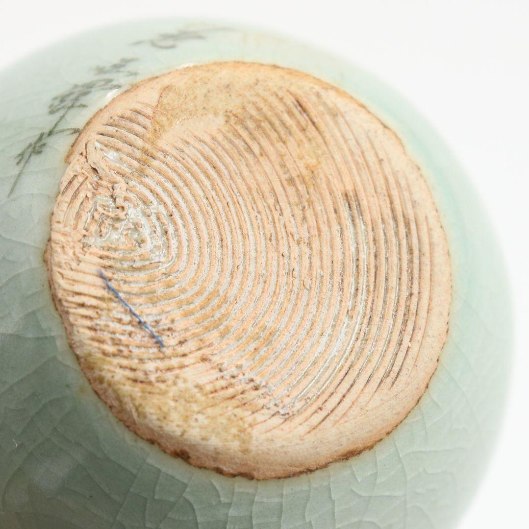 韓国人間文化財 池順鐸作 青磁鶴首茶入 浪の紋緞子仕覆付 茶道具　V903