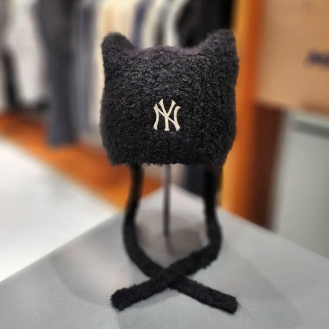 韓国限定 MLB カリナ 着用 猫耳 ミャオン ビーニー 紐付 ブラック 黒