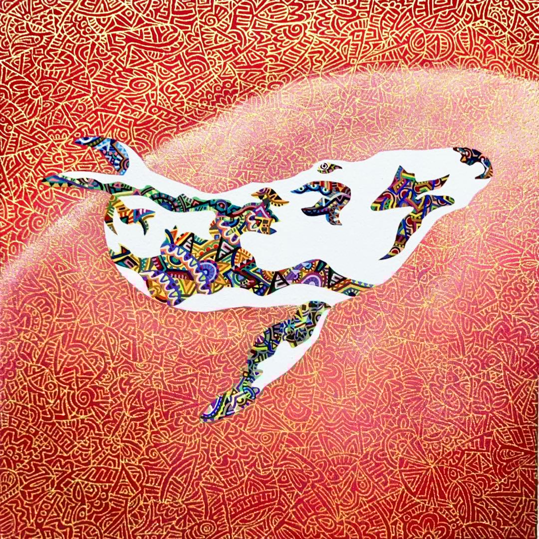 値下げ　原画　鯨　動物画　絵画　アクリル画　現代アート　細密画　手描き　一点物