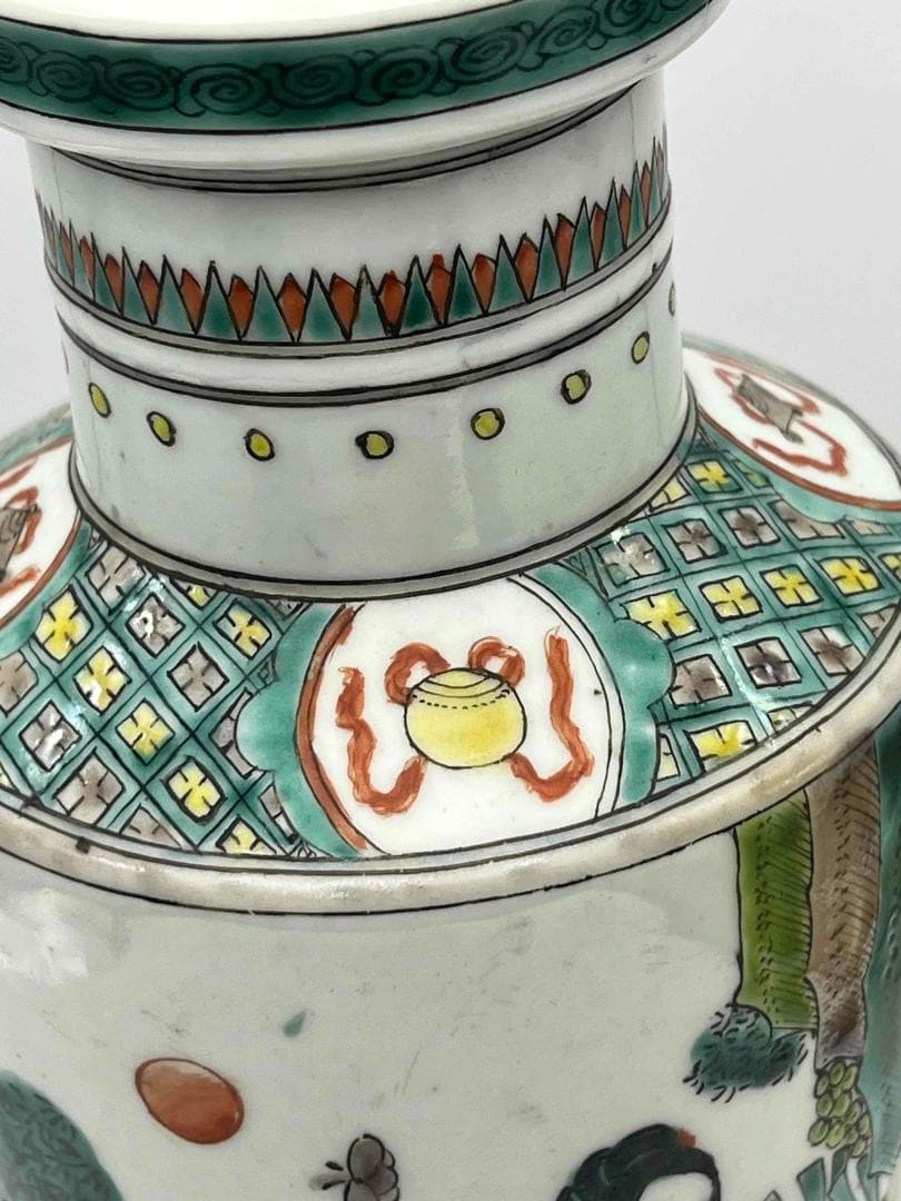 清時代 康熙五彩人物物語文瓶　西廂記棒槌瓶 花瓶(E-74)