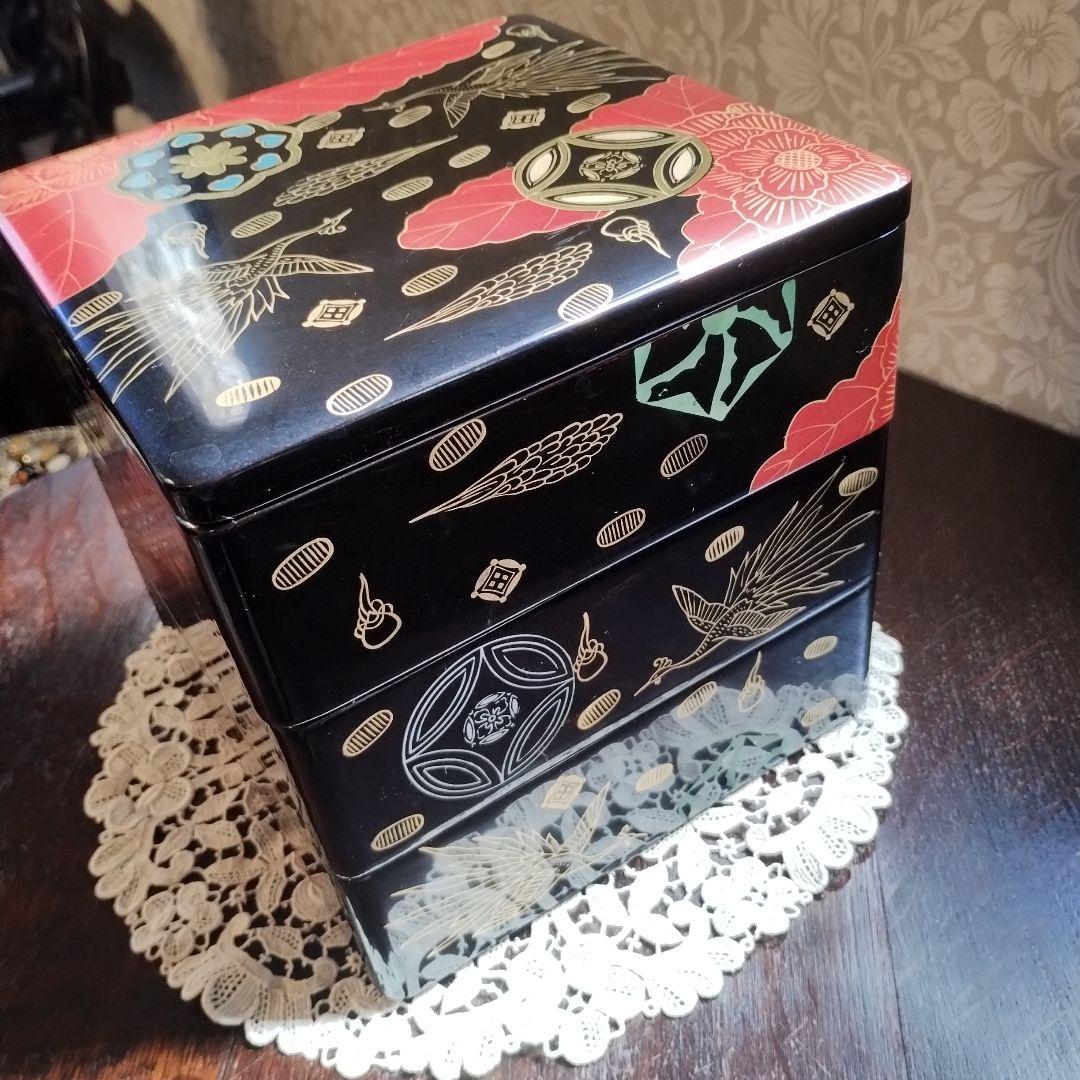 白木屋♥漆器 三段重箱 鶴と花♥重箱♥会津塗♥蒔絵♥