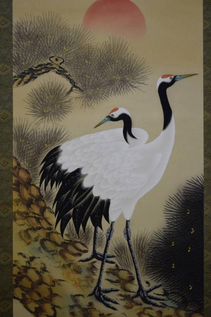 真作/春秋/松上双鶴図/桐共箱付/布袋屋掛軸HE-134