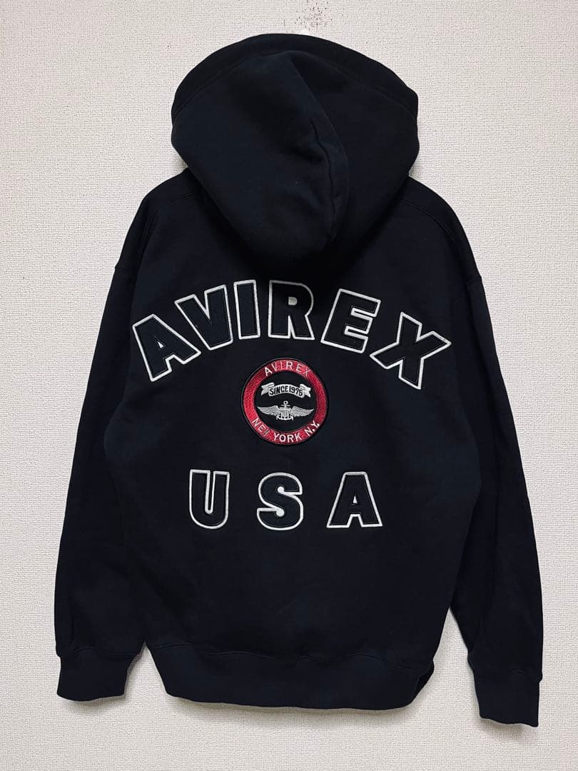 AVIREX バーシティ ロゴ スウェット ジップ パーカー 黒 L
